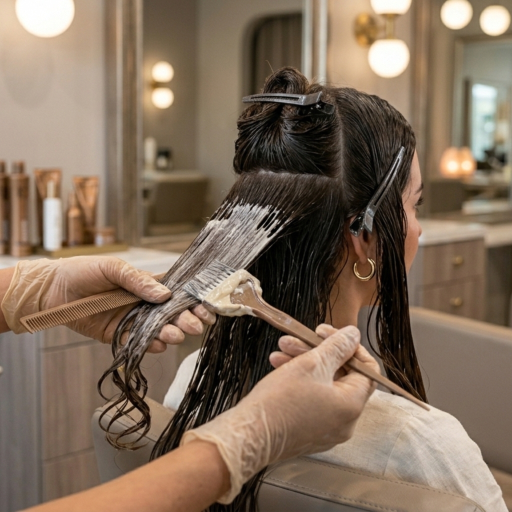 hair stylist applying hair color or treatment with brush in salon on sectioned hair