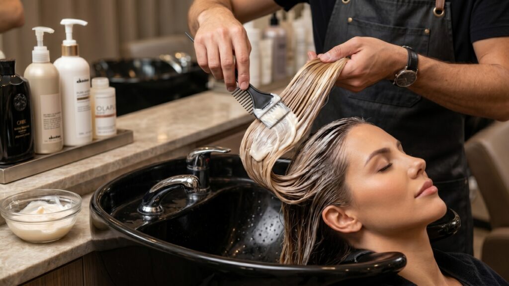 Hair stylist applying ombre hair colour treatment in salon