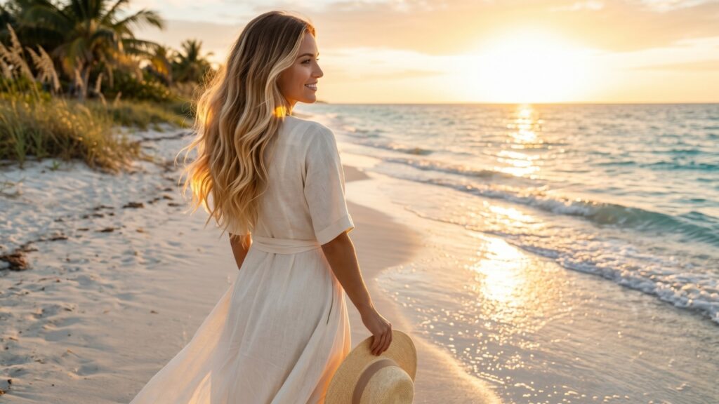 Woman with soft blonde ombre hair walking on the beach at sunset
