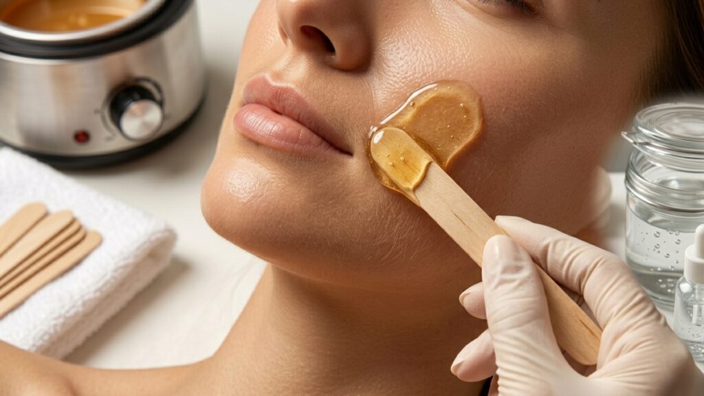 Facial waxing treatment with warm wax applied to cheek using wooden spatula