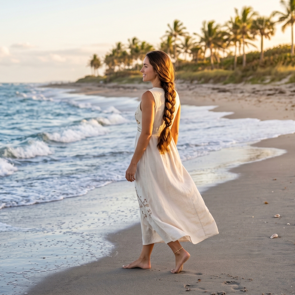 Woman with long natural hair walking along the beach after a professional dry haircut