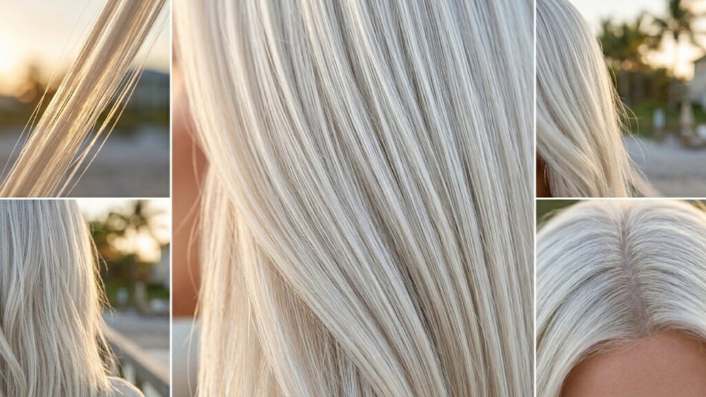 Close-up collage of platinum blonde hair showcasing icy blonde tones, dimensional highlights, smooth texture, and seamless root blending for a bright, high-lift color result.