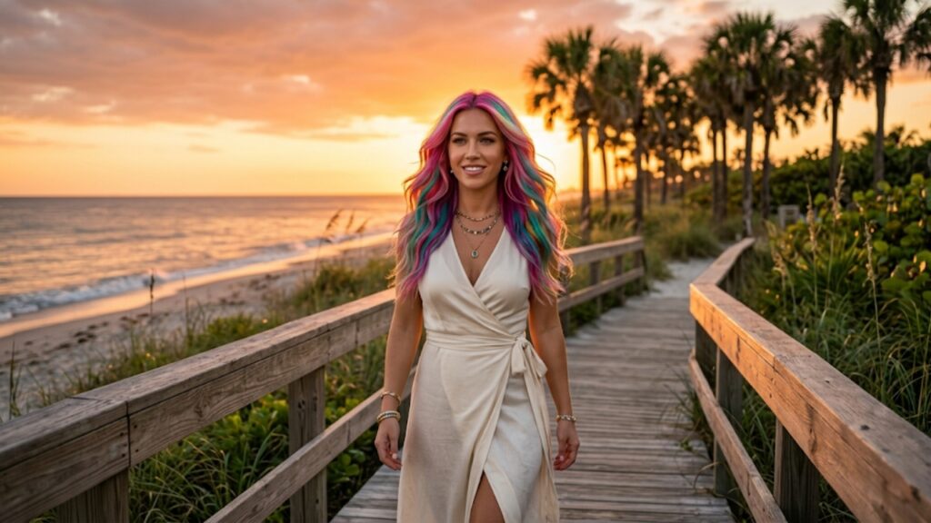 Woman with vibrant pink, purple, and blue fashion hair walking along a beach boardwalk at sunset, showcasing bold multi-tonal hair color and soft waves.