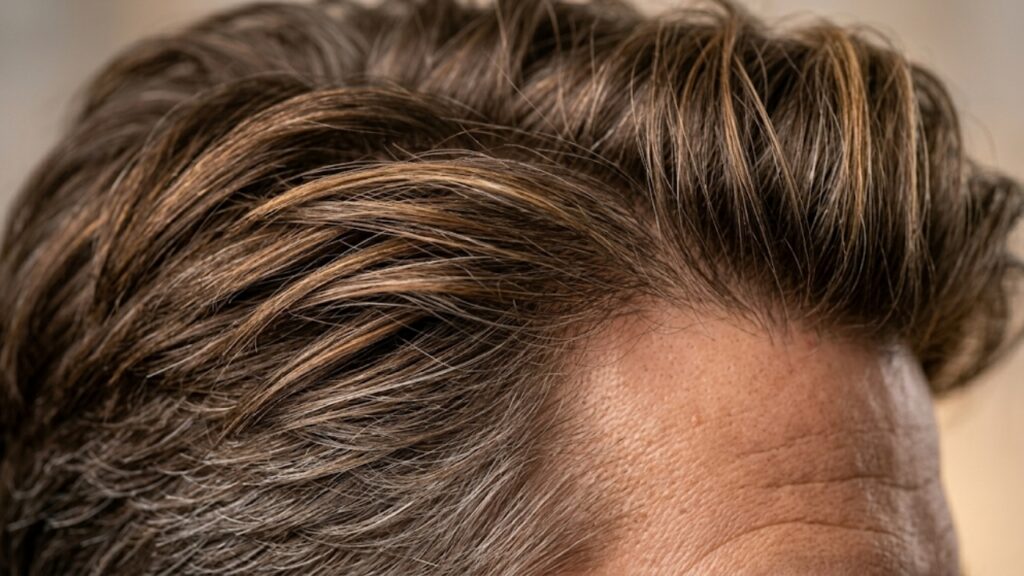 Close-up of a textured men's hairstyle with dimensional brown highlights, showcasing modern hair color and styling for mature men.
