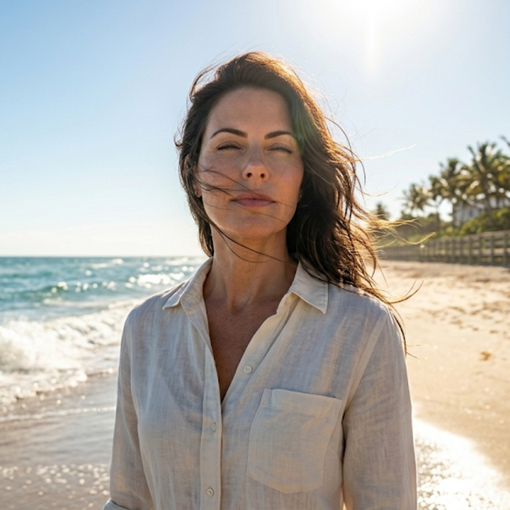Woman with naturally textured hair standing on a sunny beach, showcasing healthy hair affected by coastal humidity and ocean breeze.