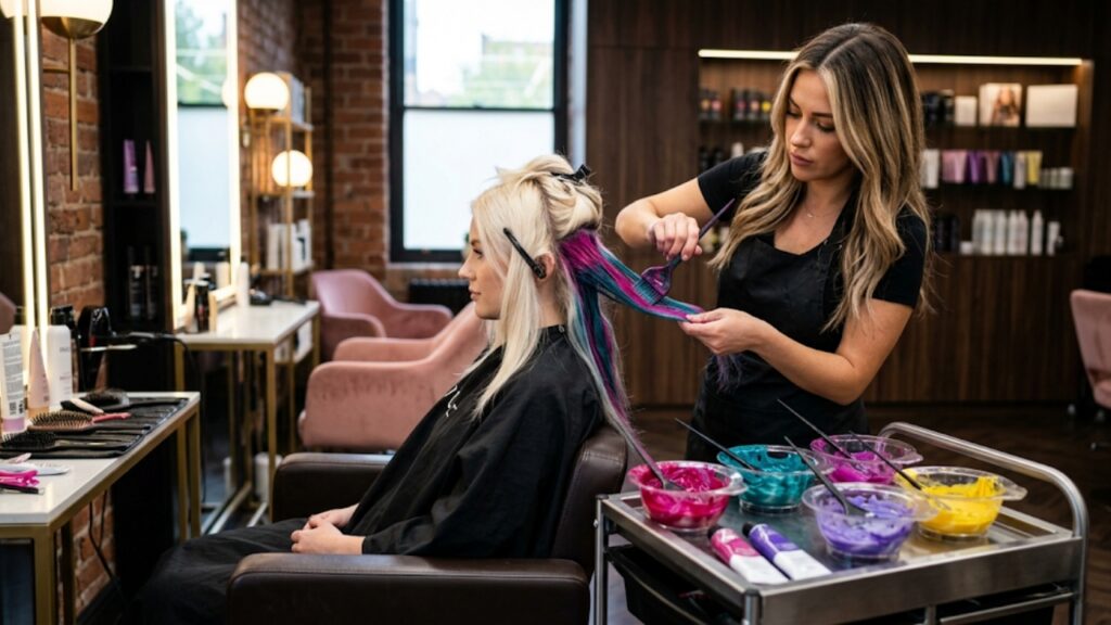 Hair stylist applying vibrant pink, blue, and purple fashion hair color to blonde hair in a professional salon setting.