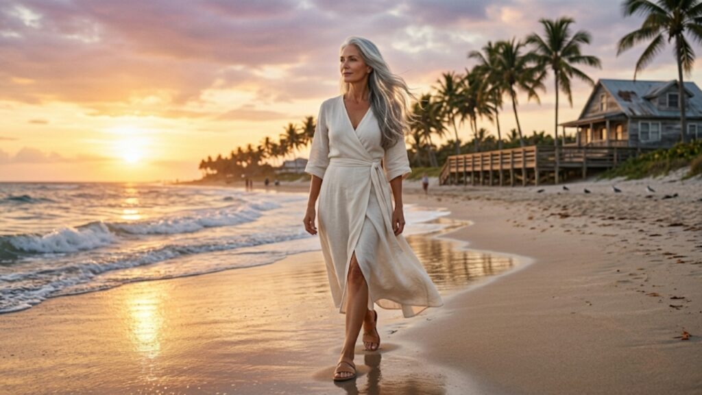 Woman with long silver-gray hair walking along a beach at sunset, showcasing natural gray hair, soft movement, and a healthy, elegant finish.