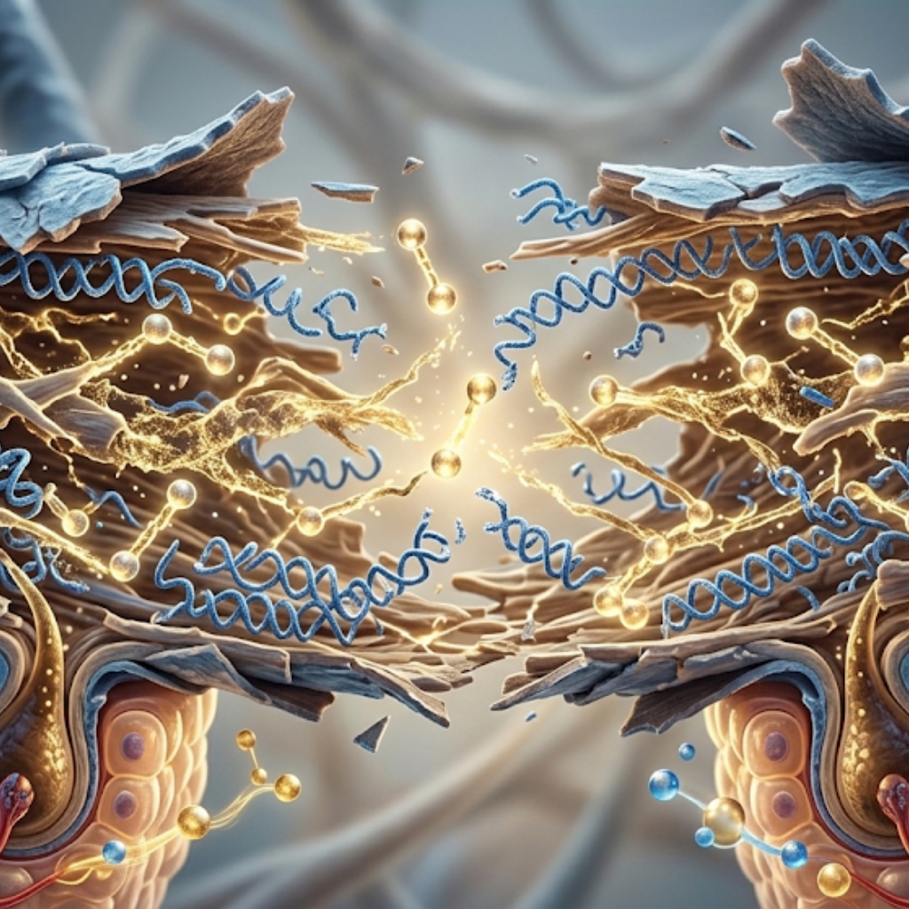 Illustration of broken hair bonds being repaired at a molecular level, demonstrating how professional bond repair treatments help restore hair strength, elasticity, and structural integrity.