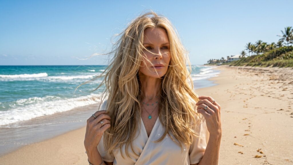 Woman with long blonde hair standing on a sunny beach, showcasing hair affected by dryness, frizz, and protein loss before a professional protein treatment.