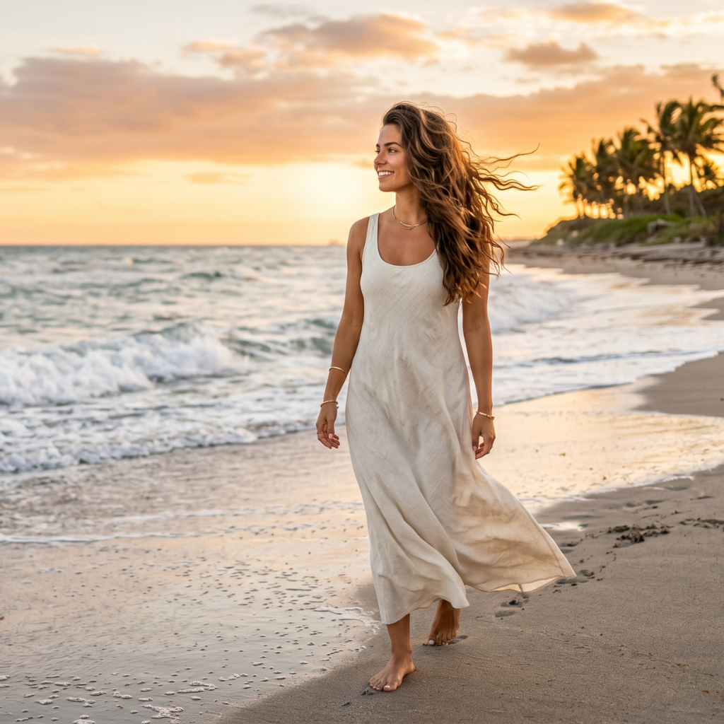 Woman with naturally curly hair and a dry haircut walking along the beach at sunset
