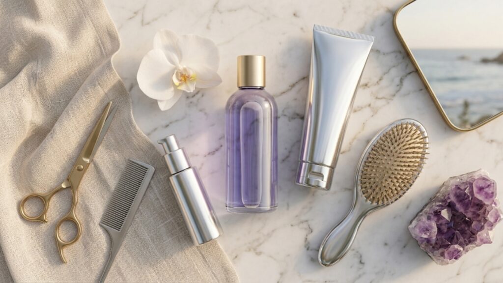 Professional hair care products and styling tools including shampoo, conditioner, brush, comb, and scissors arranged on a marble surface for healthy blonde hair maintenance.