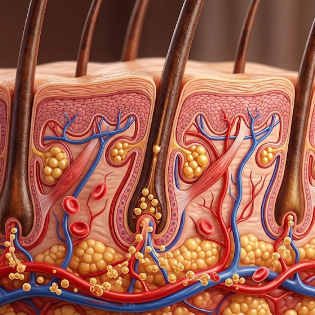 Illustration of healthy scalp anatomy showing hair follicles, blood vessels, sebaceous glands, and skin layers that support hair growth.