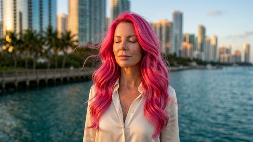 Woman with vibrant hot pink fashion hair standing by a waterfront city skyline, showcasing bold color transformation and glossy beach-inspired waves.