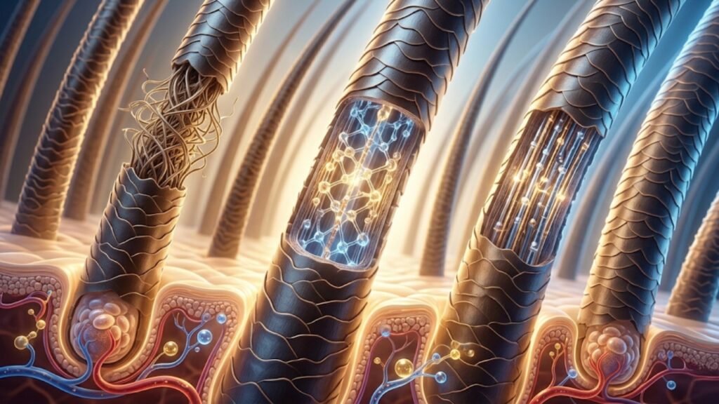 Illustration showing the internal structure of healthy hair follicles, including the hair shaft, cuticle layers, and cellular components that support hair strength, growth, and scalp health.