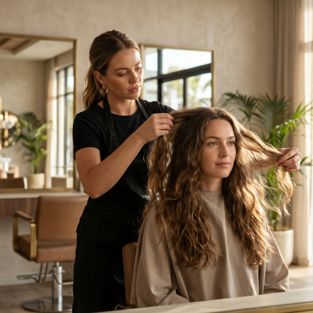Stylist assessing and shaping naturally curly hair during a professional dry haircut appointment