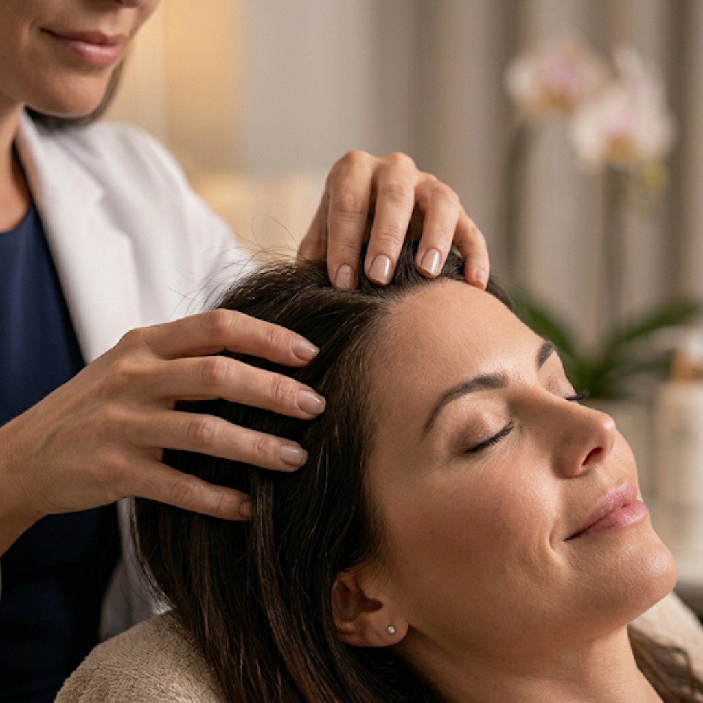 Professional scalp massage treatment promoting relaxation, improved circulation, and overall scalp health.