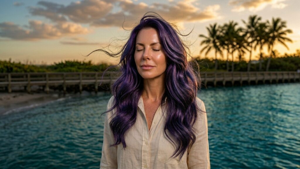 Woman with deep purple fashion hair standing by the waterfront at sunset, showcasing rich violet tones, soft waves, and a vibrant color transformation.