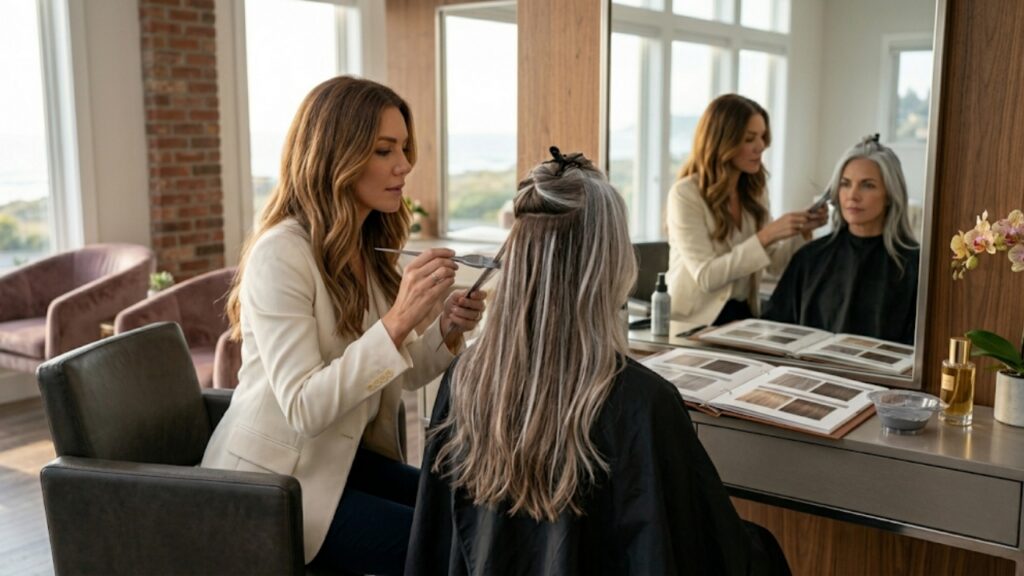 Hair color consultation and gray blending service in progress, with a stylist applying color while reviewing shade options to create a customized look for mature hair.