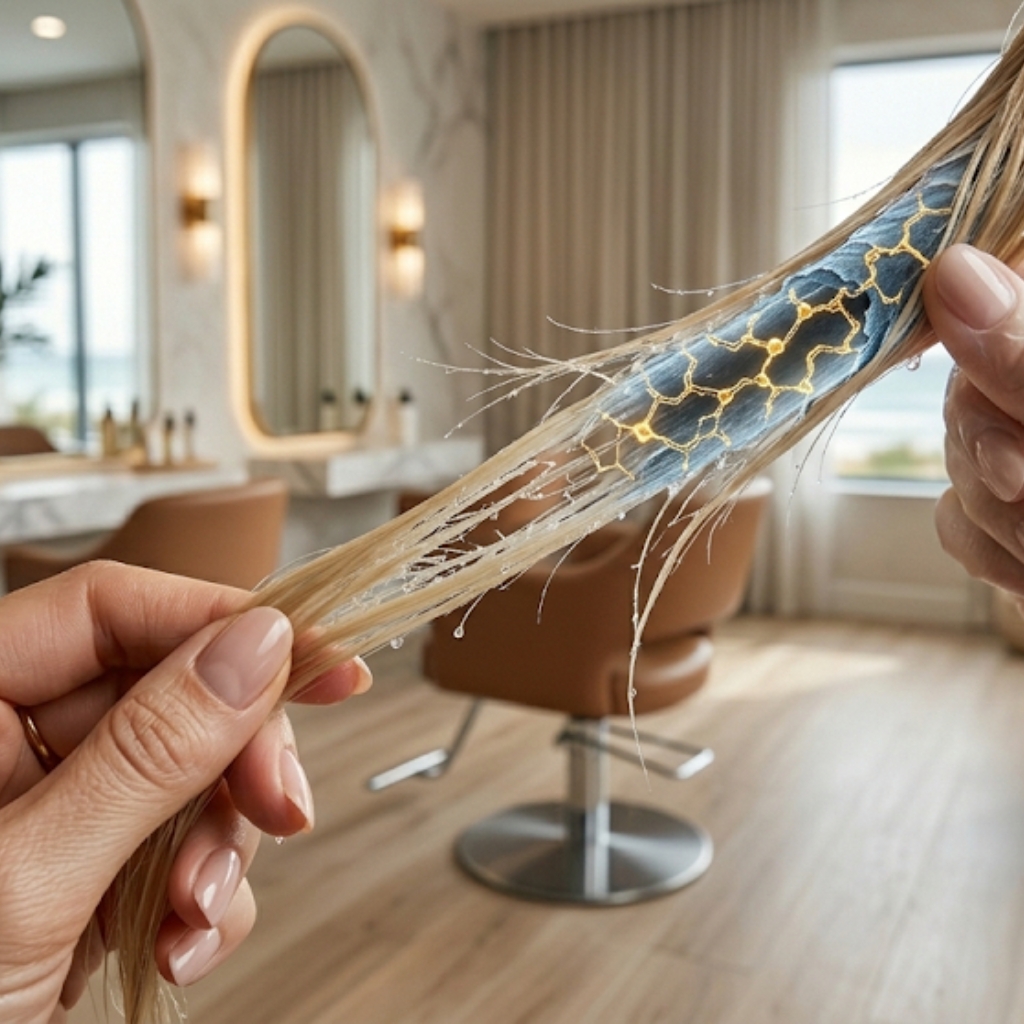 Close-up of damaged hair strands with a visual representation of weakened internal bonds, highlighting structural hair damage before bond repair treatment.