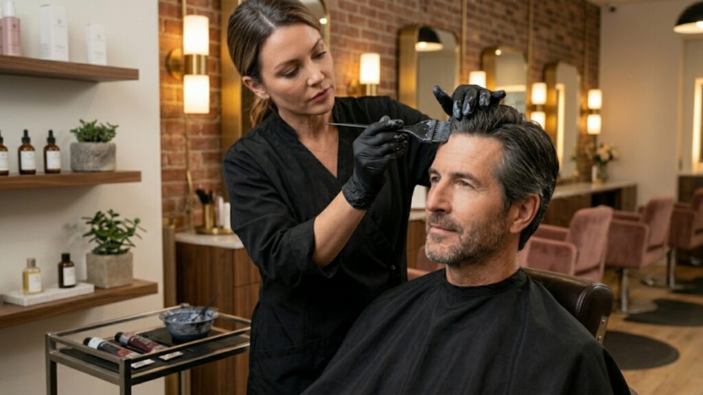 Professional stylist applying men's hair color treatment in a salon, enhancing gray hair with natural-looking color and expert precision.