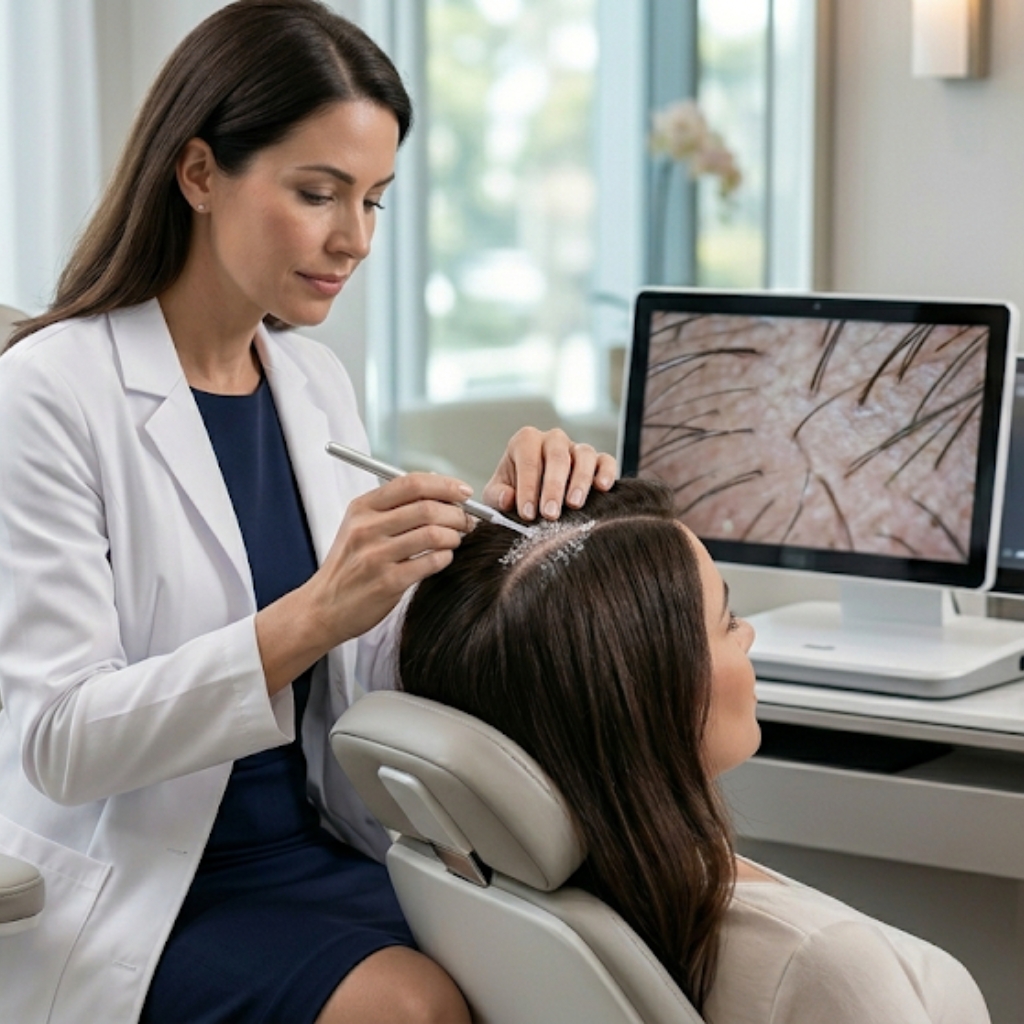 Professional scalp analysis consultation using advanced scalp imaging technology to assess scalp health and hair growth concerns.
