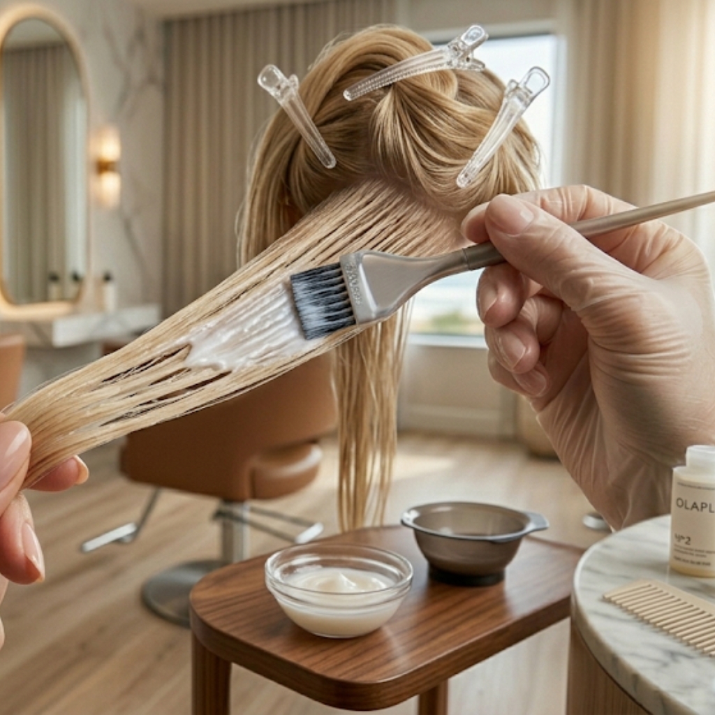 Professional bond repair treatment being applied to damaged hair with a brush, helping restore strength, elasticity, and moisture to chemically processed strands.
