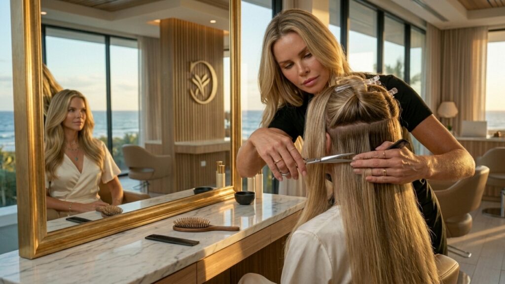 Hair stylist trimming and refining long blonde hair during a professional salon appointment, creating healthy, polished layers and maintaining overall hair strength and appearance.