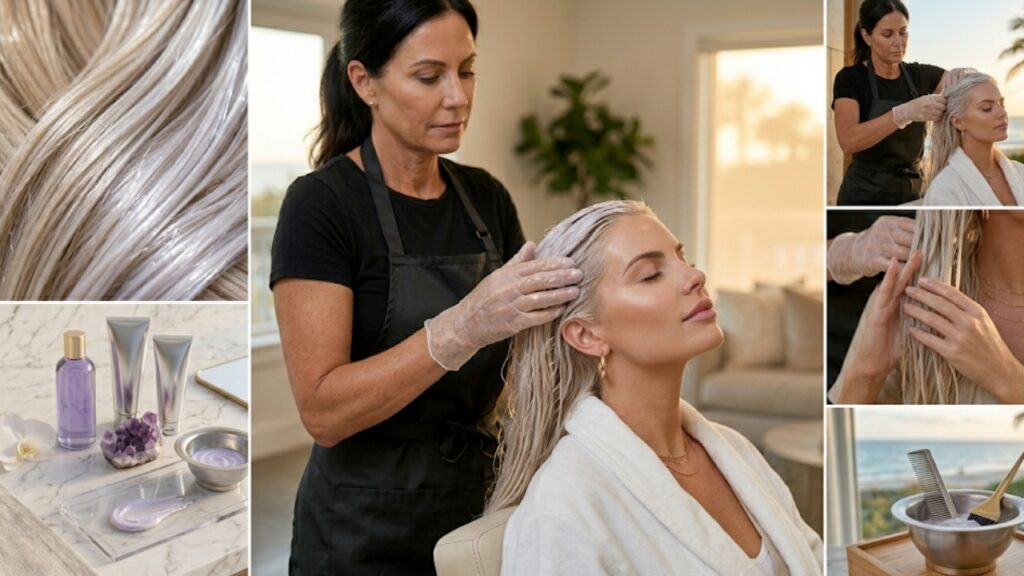Collage showcasing platinum blonde hair services, including color application, blonde hair maintenance, professional toning, and aftercare products for healthy, bright blonde hair.