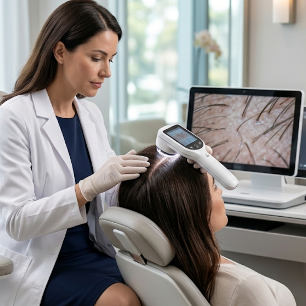 Advanced scalp scan and diagnostic assessment using professional imaging technology to evaluate scalp condition and hair health.