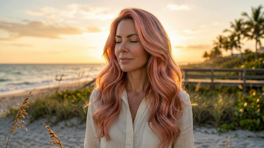Woman with soft rose gold fashion hair standing on a beach at sunset, showcasing pastel pink tones, glossy waves, and dimensional color.