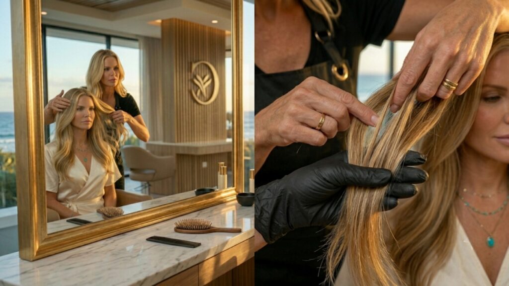 Hair stylist assessing hair texture, density, and natural movement before a haircut while examining sections of the client's hair during a professional salon consultation in Jensen Beach, Florida.