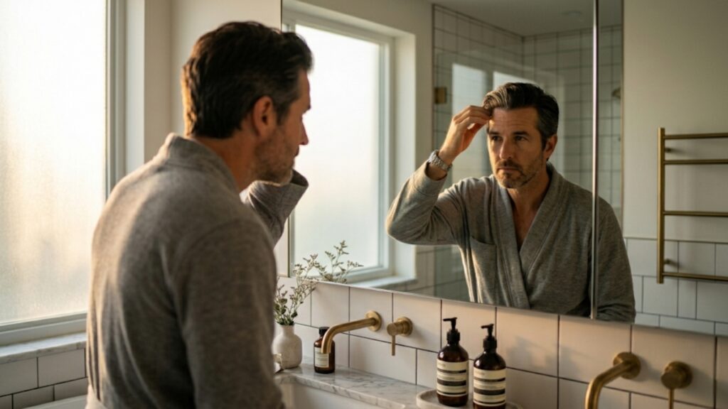 Middle-aged man checking his hairline and gray hair in the mirror as part of a men's hair color maintenance and grooming routine.