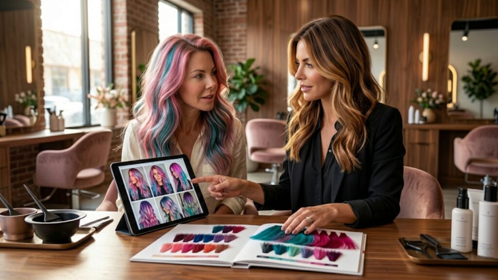 Hair color consultation with stylist and client reviewing vibrant fashion hair color options and personalized color inspiration in a salon.