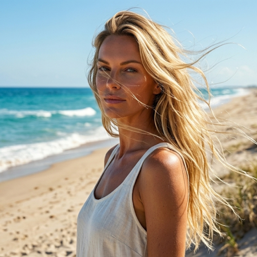 Woman with healthy blonde hair standing on a Jensen Beach shoreline, showcasing smooth, restored hair after a professional bond repair treatment.