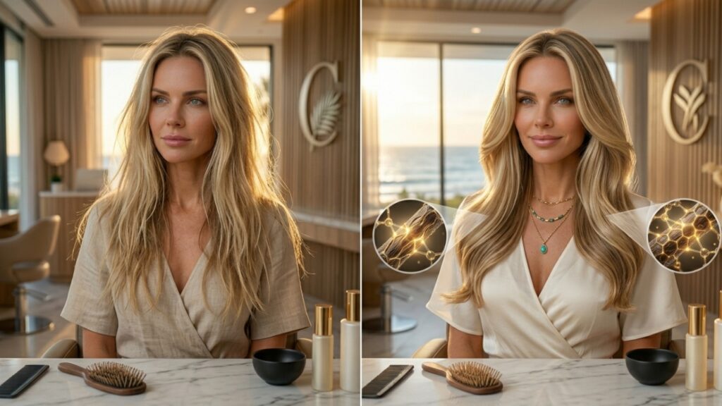 Before and after comparison of a professional hair transformation, showcasing improved shine, smoothness, volume, and overall hair health after a salon treatment.