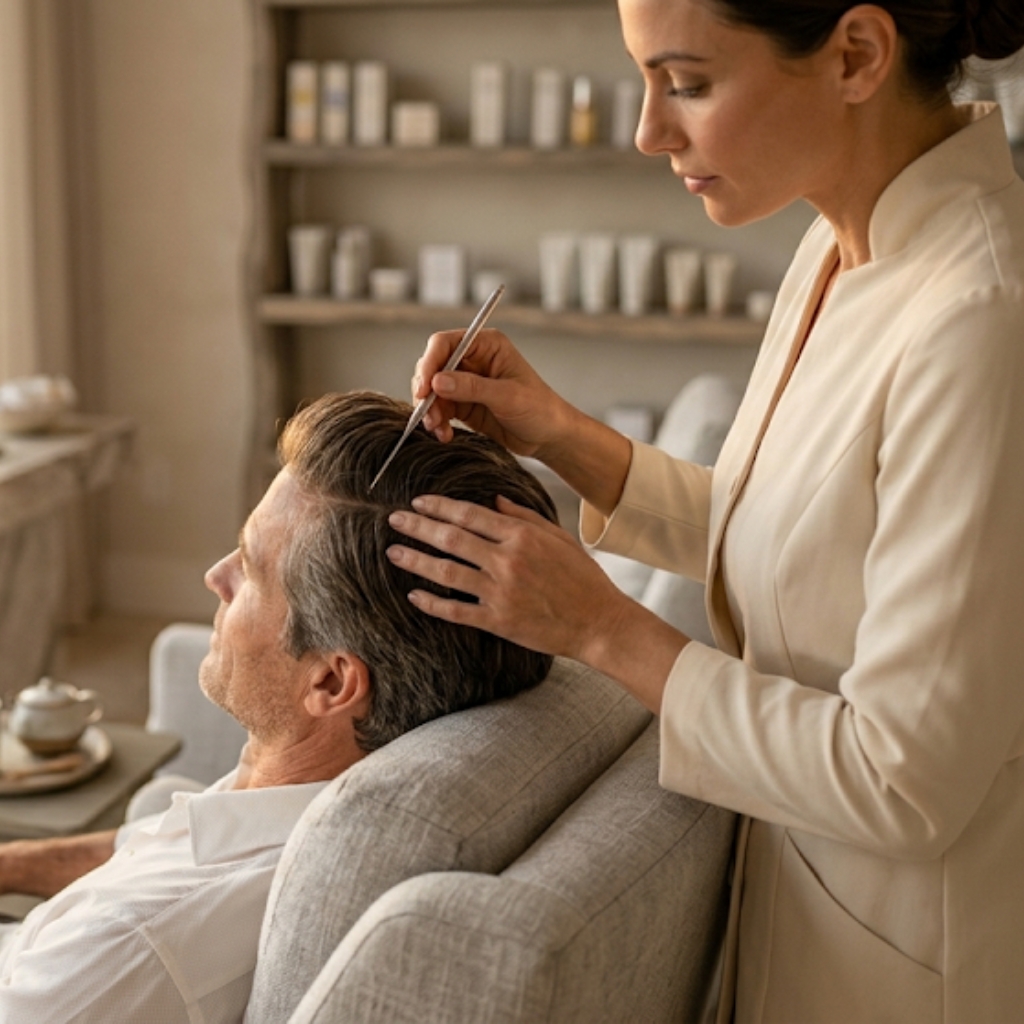 Professional scalp treatment being applied by a specialist to support scalp health, hydration, and overall hair wellness.