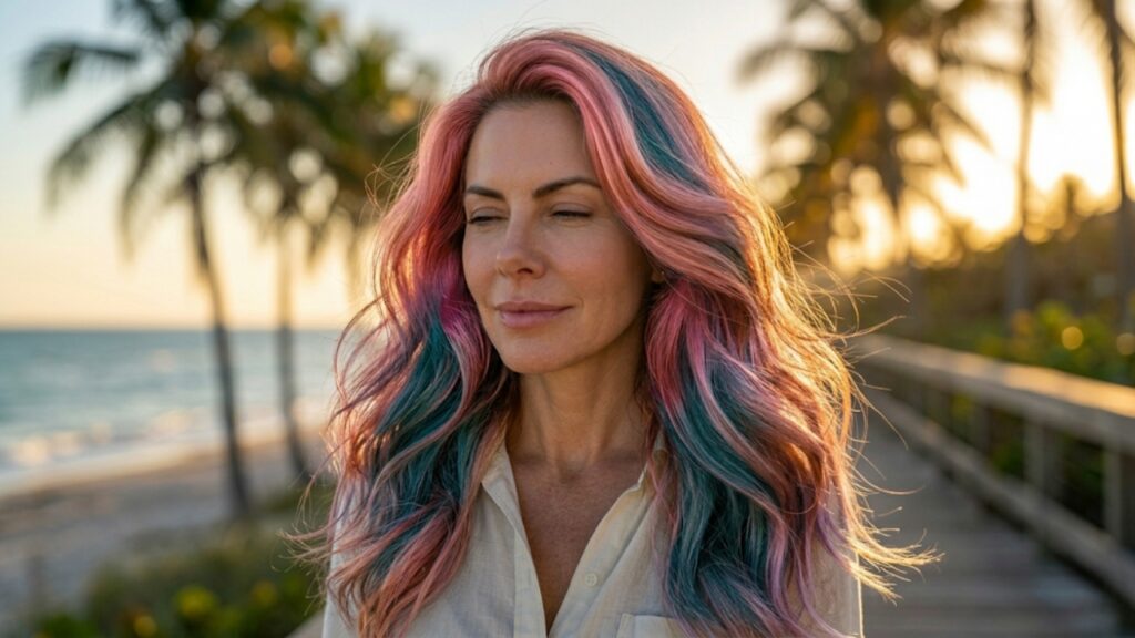 Woman with vibrant pink and blue balayage hair standing near a beach boardwalk at sunset, showcasing colorful waves and dimensional hair color.