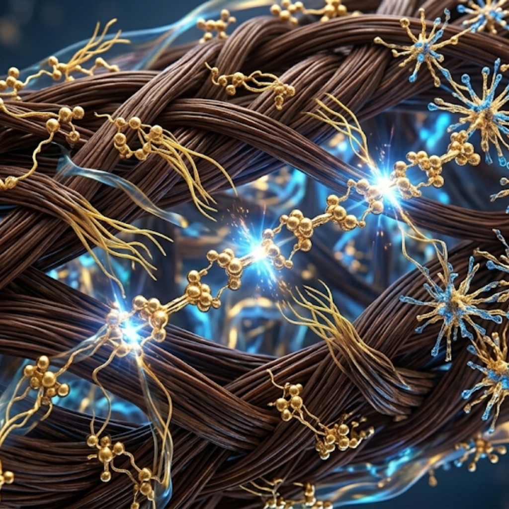 Illustration of hair fibers with molecular bond connections, representing the science behind professional bond repair treatments and hair strengthening technology.