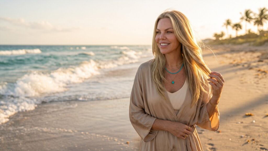 Woman with a fresh professional haircut walking along Jensen Beach, Florida, showcasing healthy, shiny, perfectly layered hair with natural movement and volume after a salon haircut.