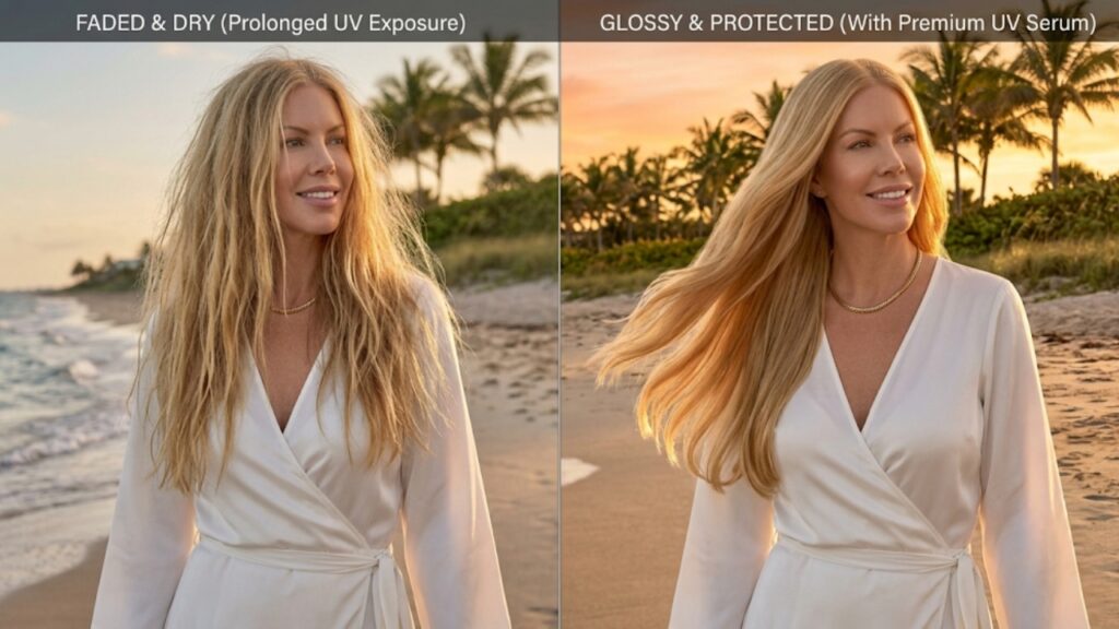 Before and after comparison showing dry, UV-damaged hair transformed into smooth, glossy, protected hair after a professional UV protection treatment at Parlay Hair & Beauty in Jensen Beach, FL.