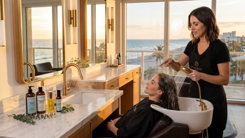 Hair stylist rinsing a client’s hair after a professional deep conditioning treatment at Parlay Hair & Beauty salon in Jensen Beach, FL.
