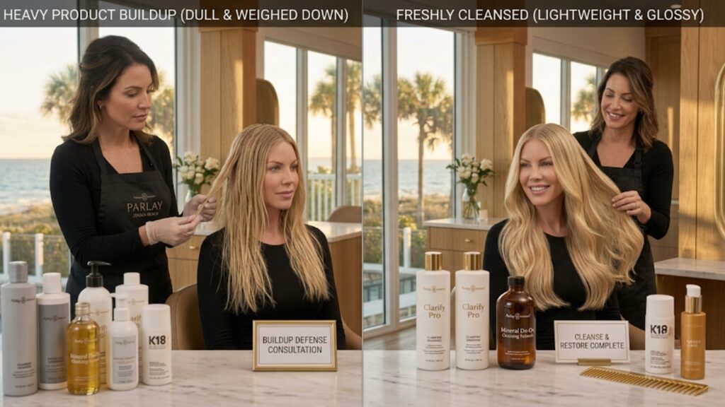 Before and after hair detox treatment showing the removal of product buildup for cleaner, lighter, shinier hair at Parlay Hair & Beauty in Jensen Beach, FL.