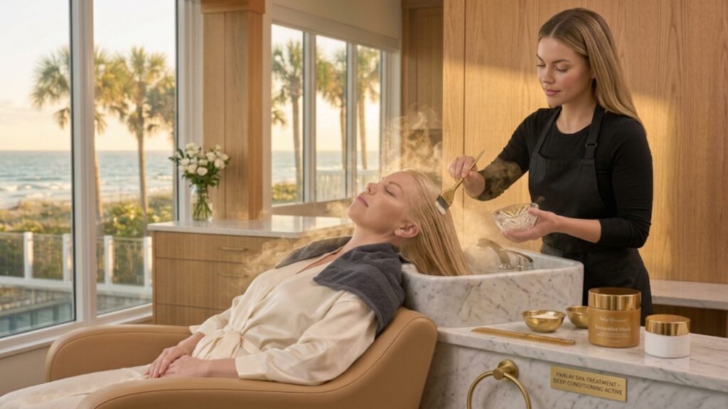 Professional deep conditioning hair mask treatment applied at a salon wash station to restore moisture, softness, and shine for healthy hair in Jensen Beach, FL.