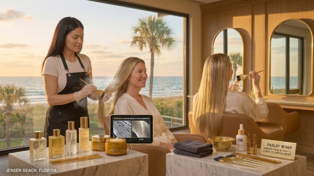 Professional hairstylist comparing hair gloss and deep conditioning treatments during a luxury salon consultation in Jensen Beach, Florida.
