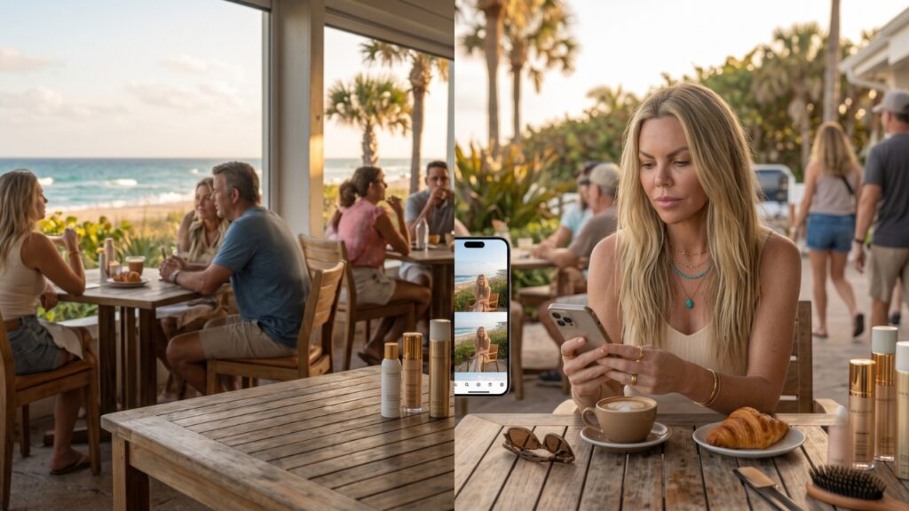 Woman reviewing recent beach photos on her smartphone at a seaside café, realizing her grown-out haircut has lost shape, volume, and definition outside the salon.