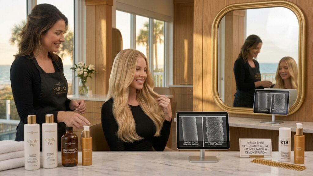 Hair restoration consultation showcasing healthy, shiny hair after a professional scalp detox and repair treatment at Parlay Hair & Beauty in Jensen Beach, FL.