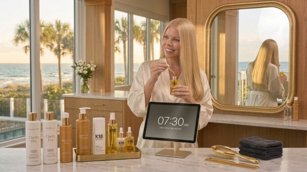 Woman applying nourishing hair serum as part of her daily hair care routine to maintain smooth, shiny, healthy hair after a professional salon treatment.