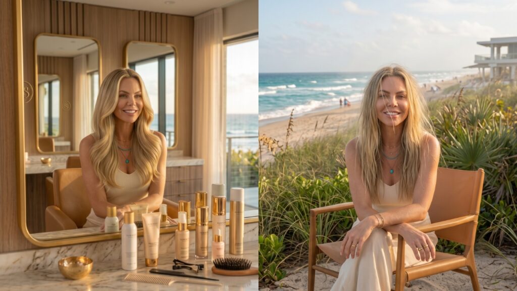 Comparison of a fresh salon blowout indoors versus hair exposed to Florida beach humidity, showing how an overdue haircut quickly loses shape, volume, and smoothness outdoors.