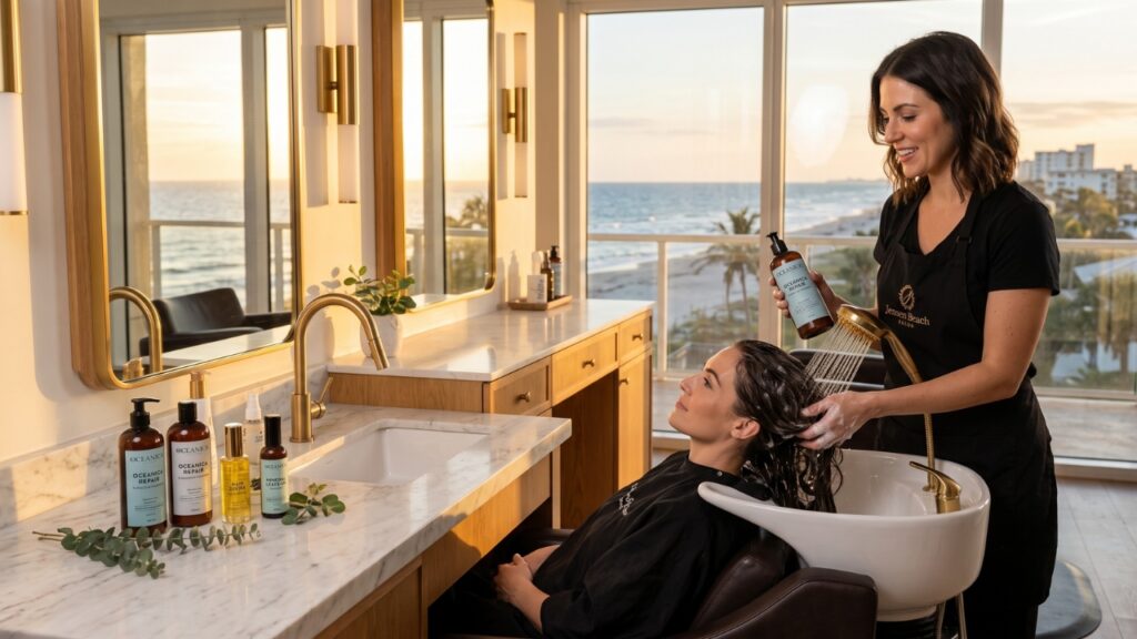 Hair stylist washing a client’s hair with professional repair shampoo during a salon treatment at Parlay Hair & Beauty in Jensen Beach, FL.