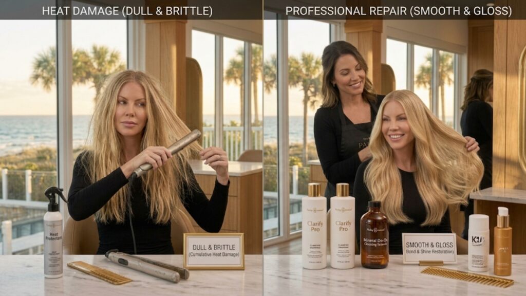 Before and after heat-damaged hair transformation with professional bond repair treatment, restoring smooth, shiny, healthy-looking hair at Parlay Hair & Beauty in Jensen Beach, FL.